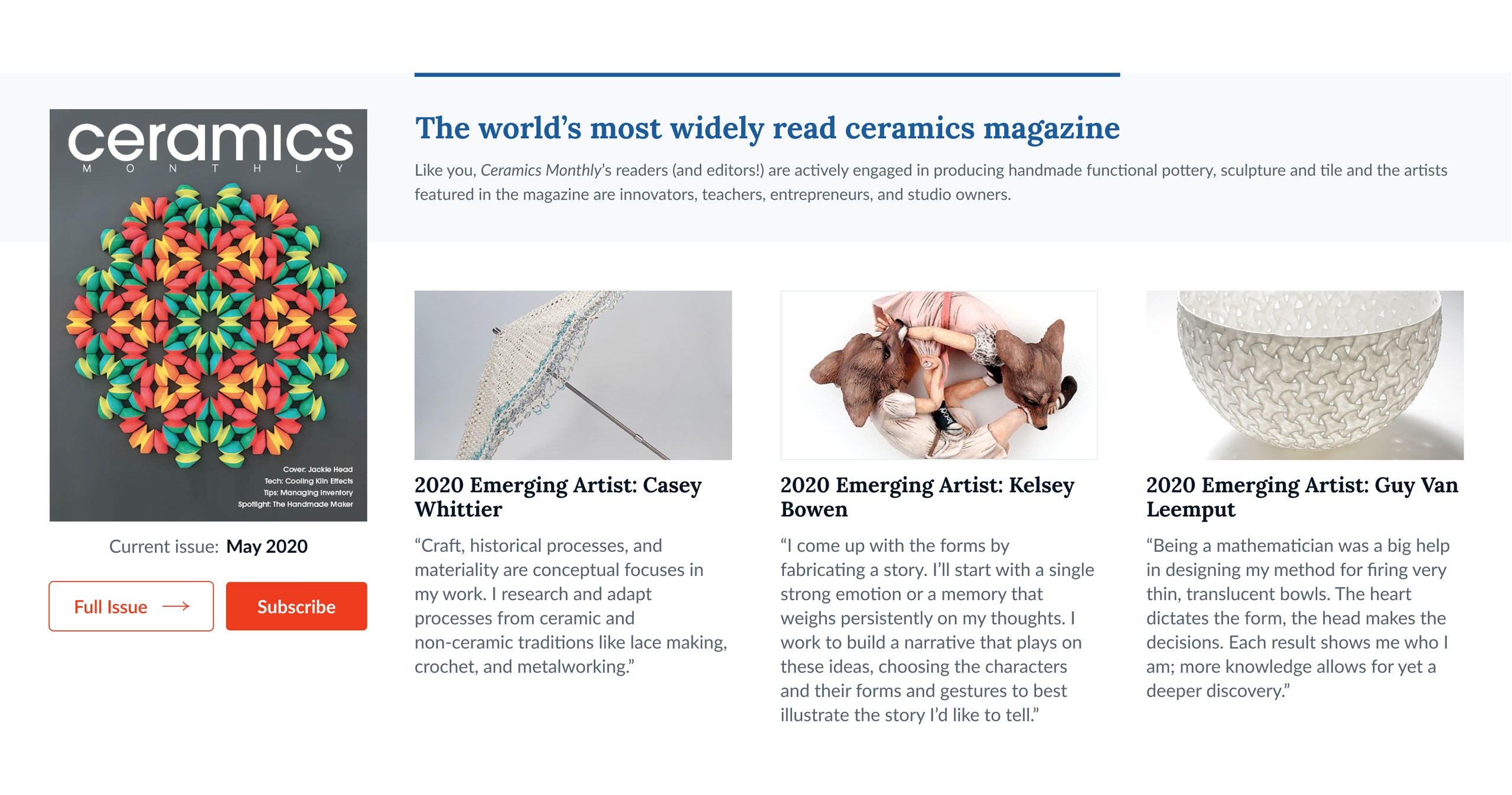 A crop of the first version of my homepage design comp, showing a feature area for the latest Ceramics Monthly issue