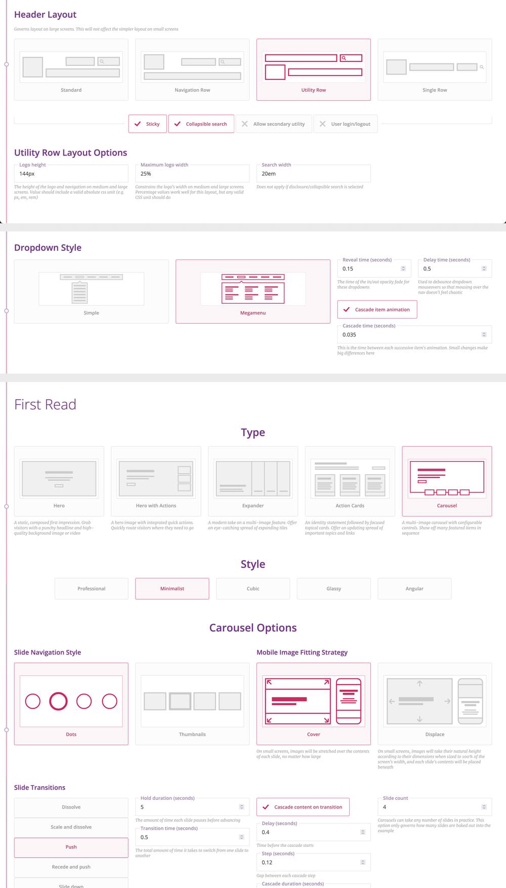 A compilation of screenshots of my frontend build automator, showing the configuration of some of this project's frontend features