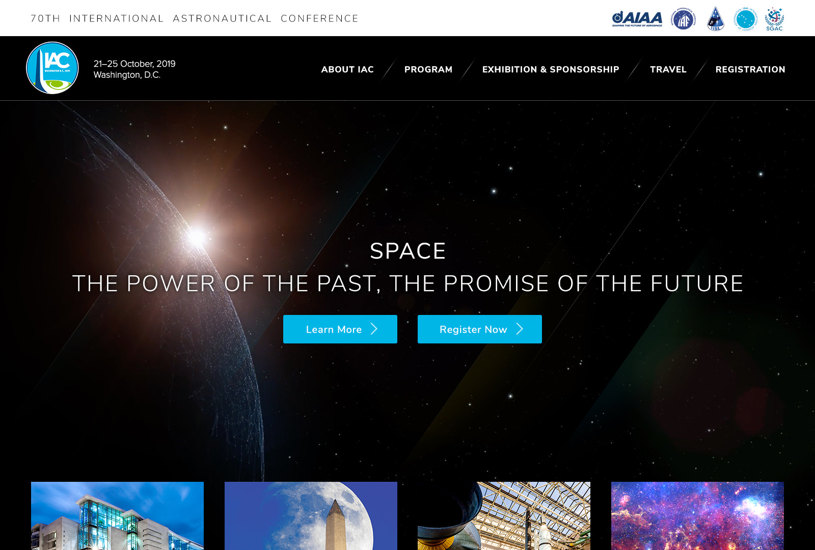 A crop of a design comp for the International Astronautical Conference, one of AIAA's event sub-sites, showing a bold, space-gobbling homepage feature