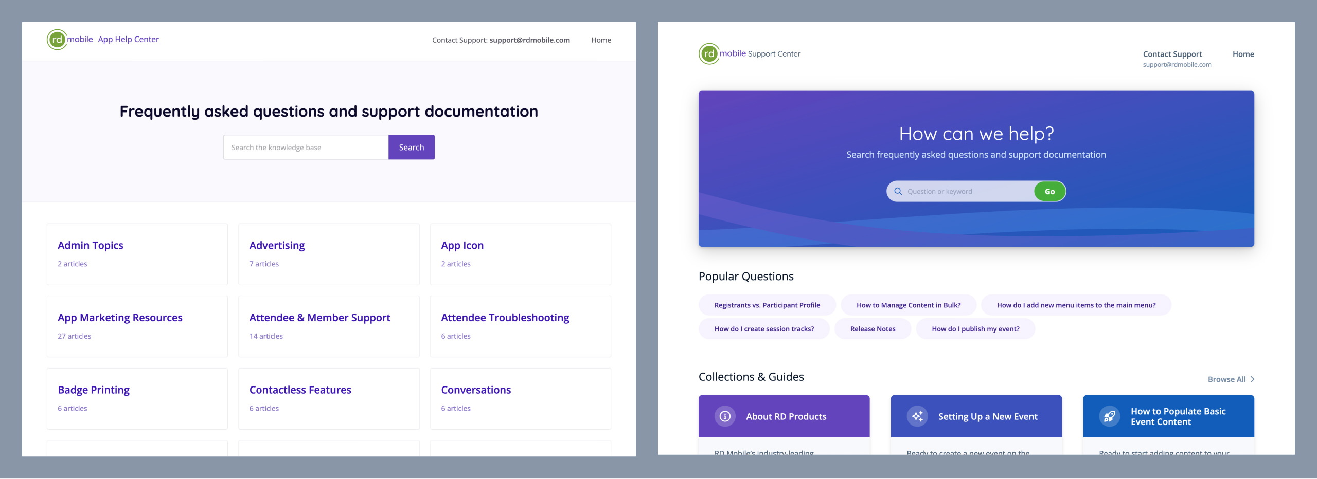 Two screenshots of the support site's homepage, one before the redesign and reimplementation, and one after