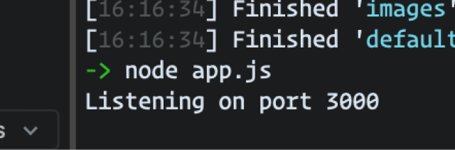 A screenshot of a terminal, showing the command 'node app.js' followed by 'Listening on port 3000'