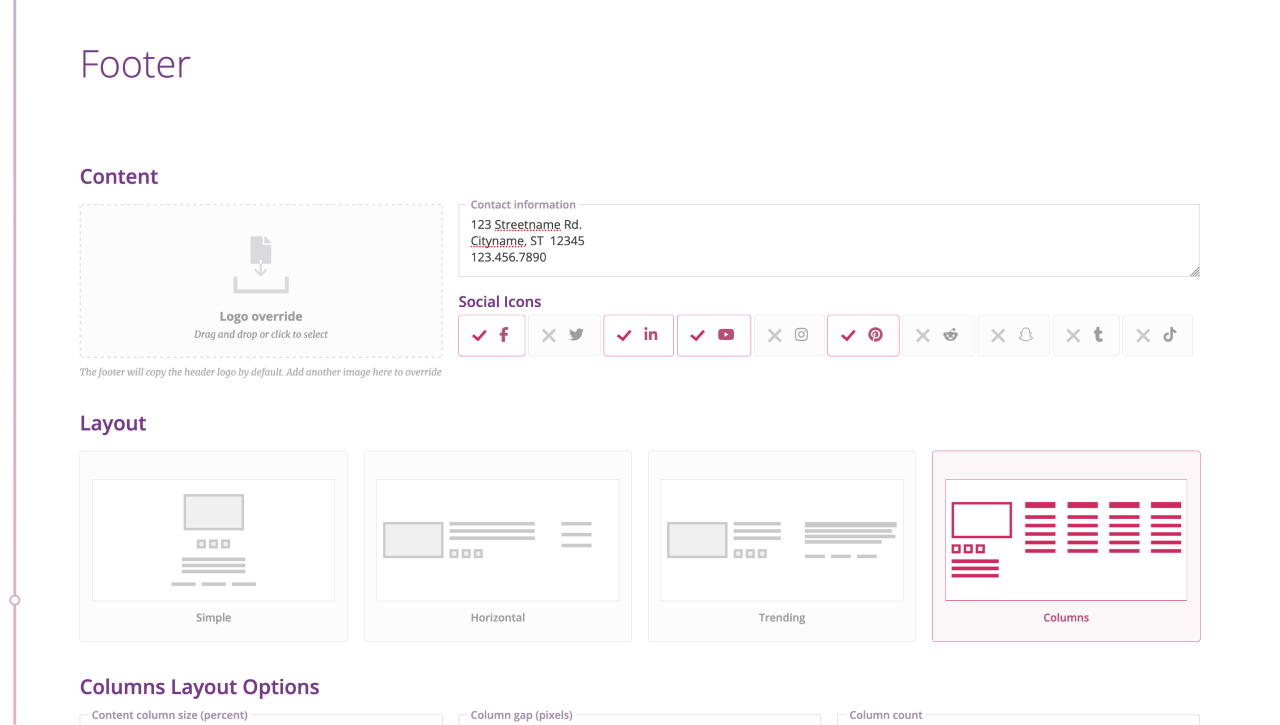 A screenshot of the builder interface, showing footer configuration