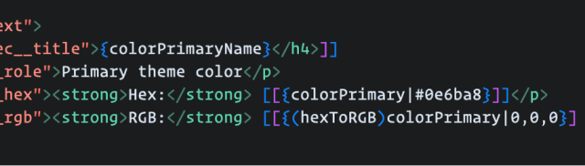 A screenshot of a code editor, showing how my custom templating language is used. It uses double square brackets to open and close those areas, and a combination of braces and pipes to denote variable names and defaults