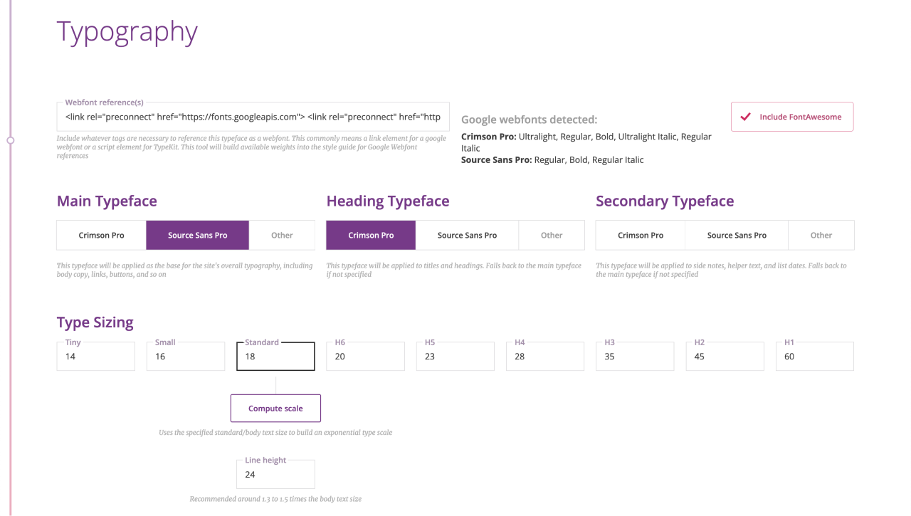 A screenshot of the builder interface, showing typography options