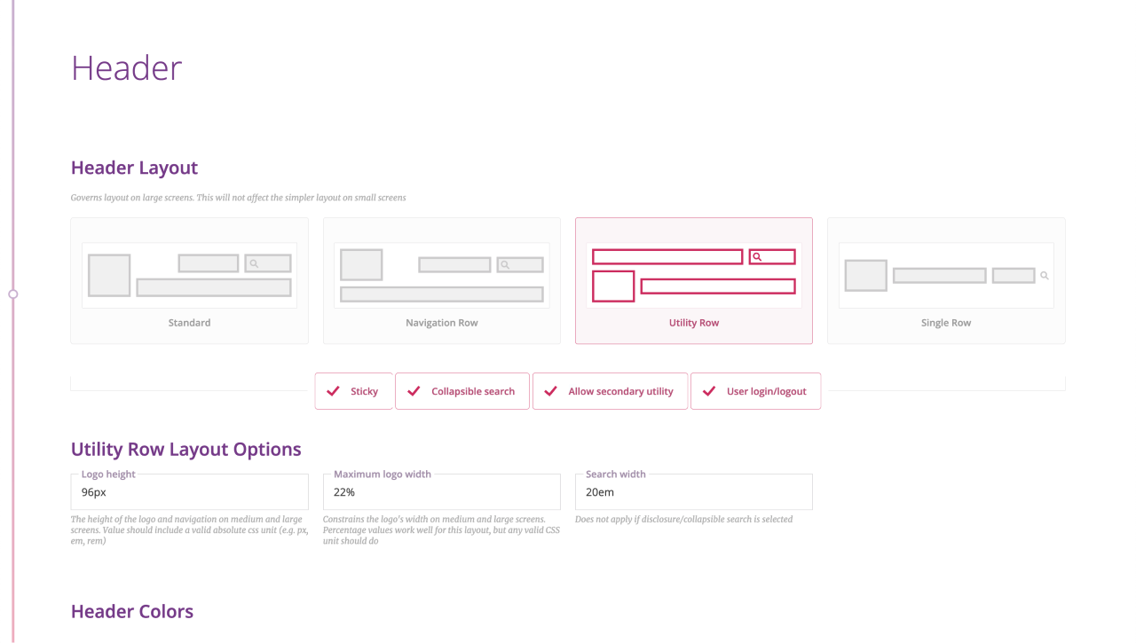 A screenshot of the builder interface, showing header configuration options