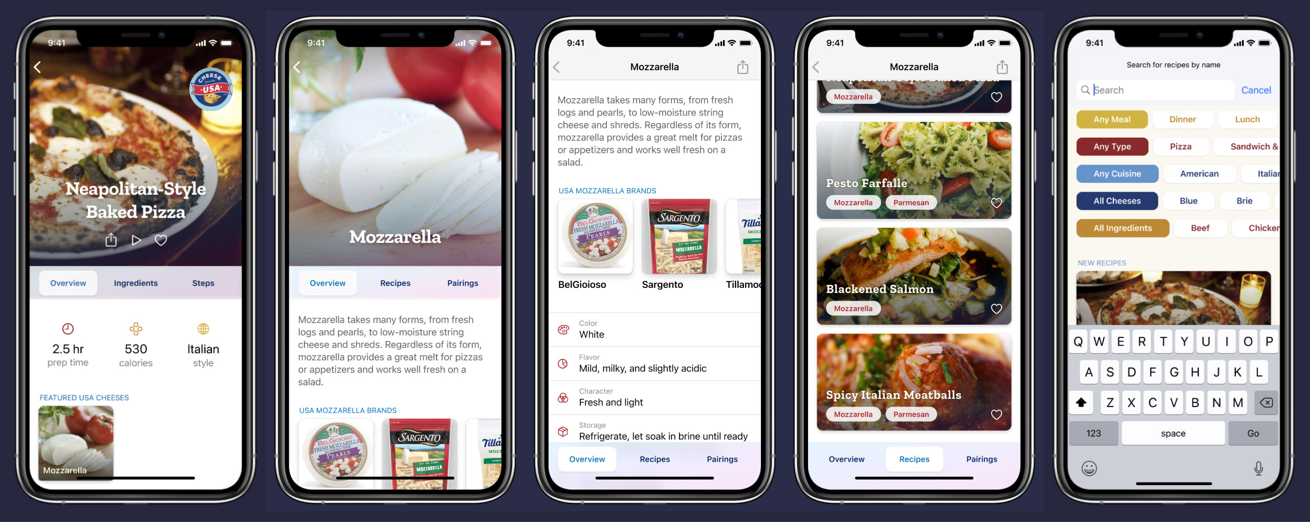 A collection of app screens showing cheese as first-class content. There's a recipe screen featuring mozzarella, a mozzarella detail screen with details and US brands, and a collection of recipes relating to mozzarella