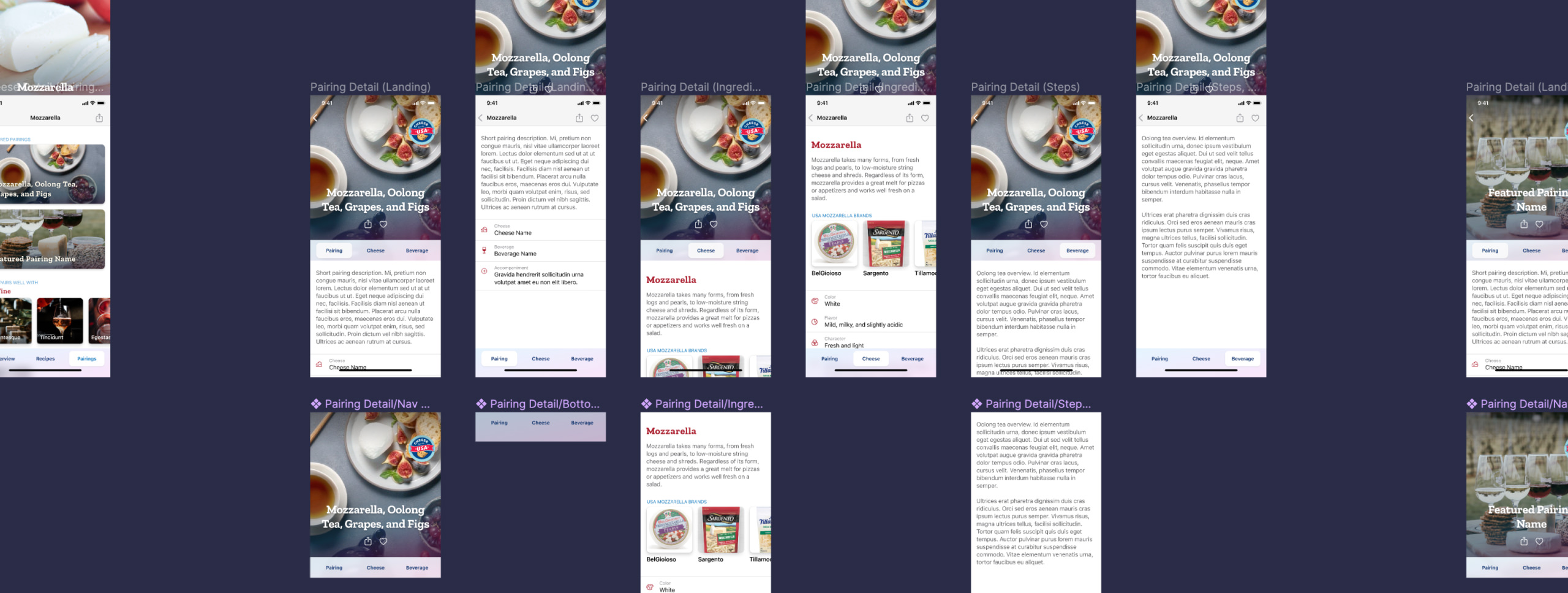 Behind the scenes on the Figma concept, showing how the pairings screens are assembled