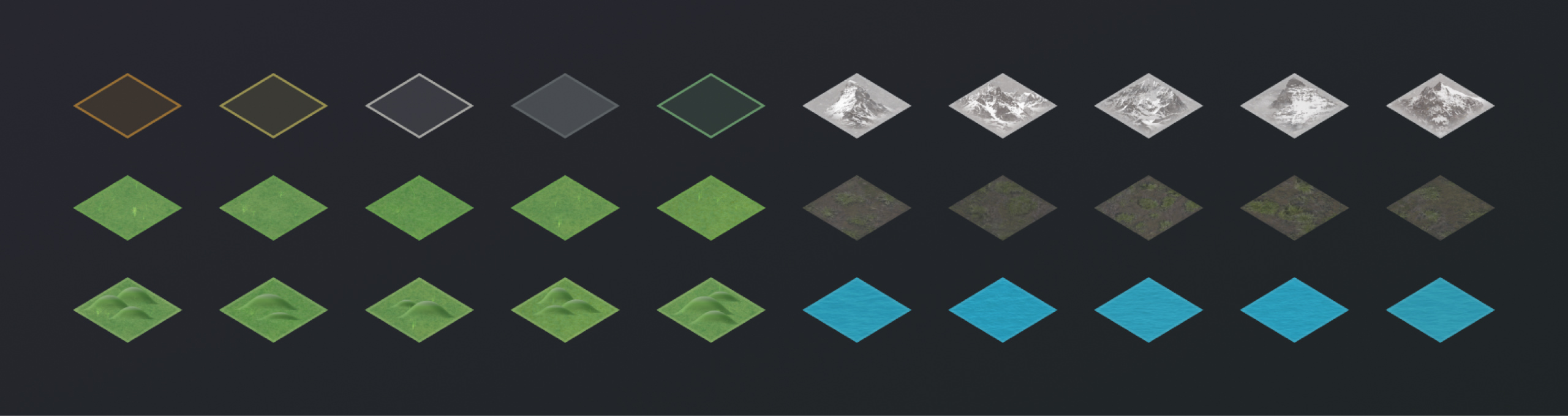 A collection of tiles I created for the game's isometric grid