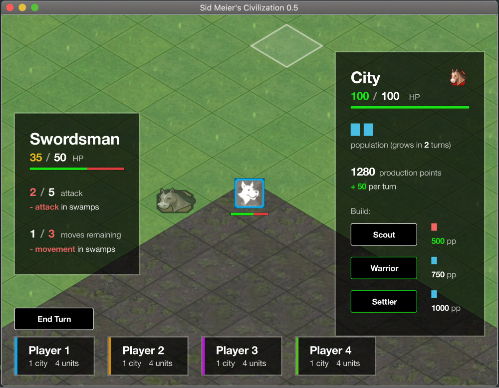 My first mockup of the game's UI, showing panes for unit properties, city properties, player readouts, and an 'end turn' button