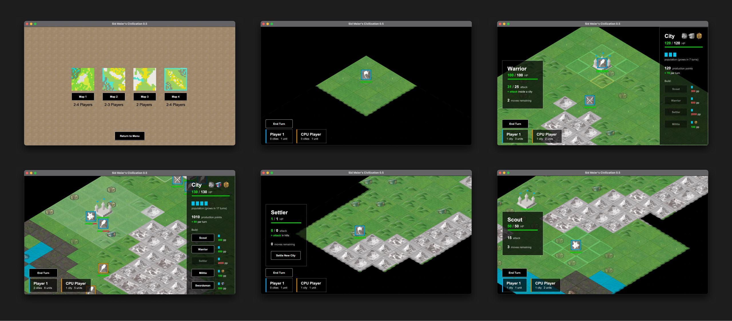 A set of screens showing varying gameplay and active UI screens