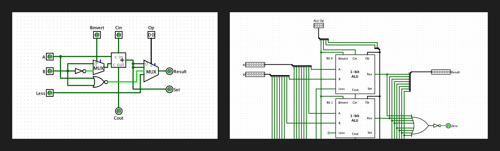 Two screenshots of my ALU circuits, the first being an ALU component that handles a single bit, and the second being a collection of eight of those, forming the full 8-bit ALU composition