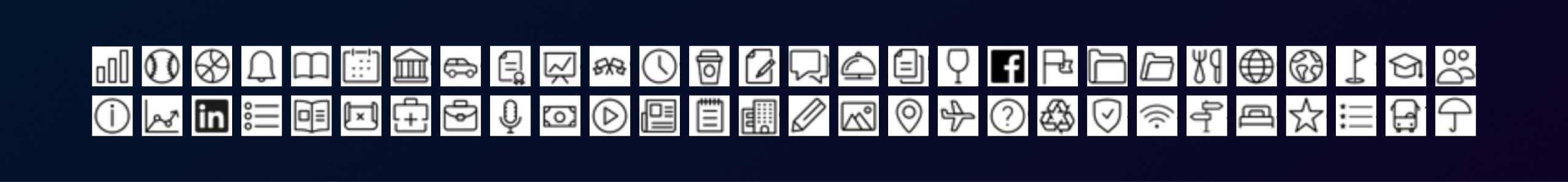 58 icons representing various configurations and options on menu items in the app