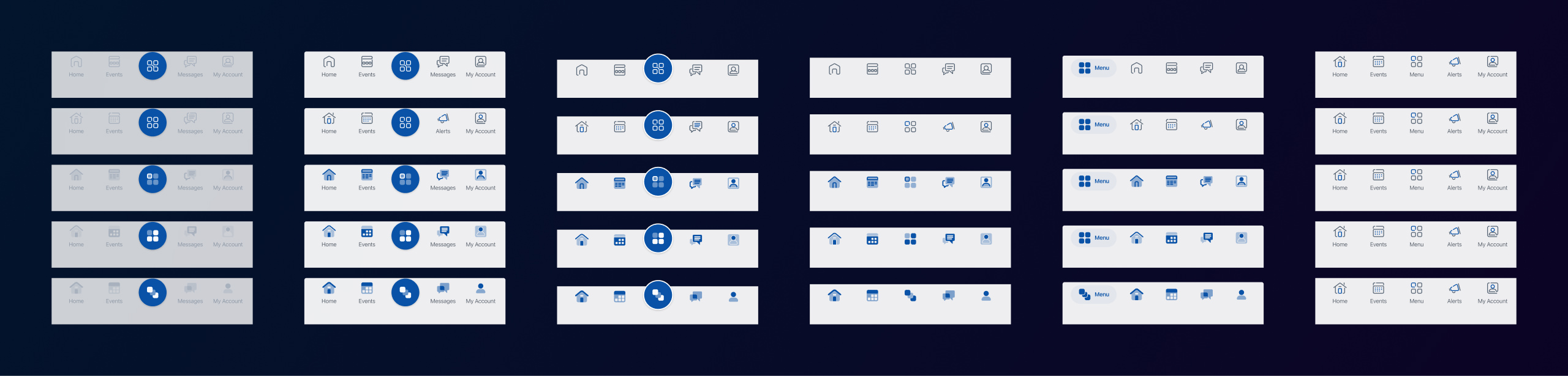 A couple dozen tab bar alternates for this project, organized into a grid. There are seven columns, where each column is a different layout, and five rows, where each row uses a different icon treatment