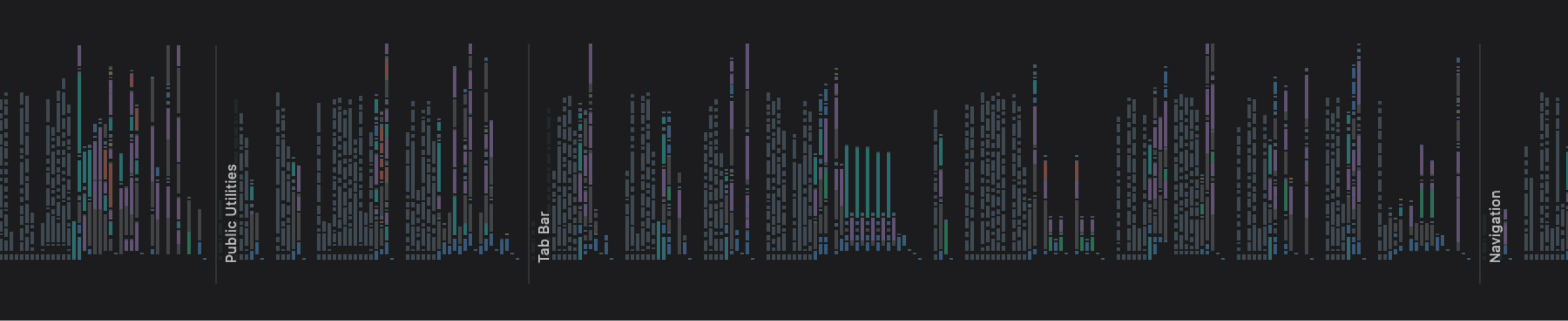 A graphical representation of some Swift code, flipped on its side. There are a lot of gray sections, indicating code comments