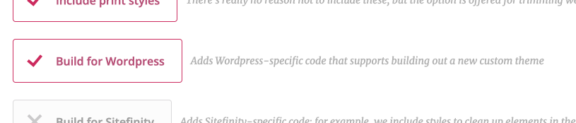 A screenshot of an option in the builder that can be checked to add WordPress-specific code that supports building out a new custom theme
